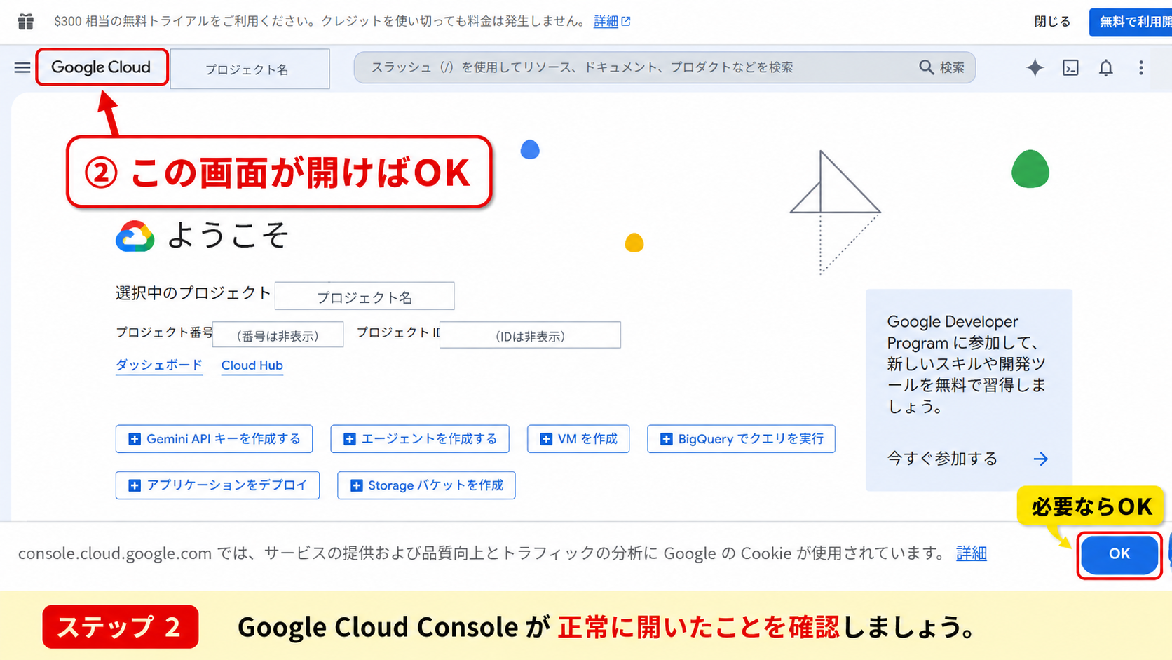 Google Cloudが正常に開いたことを確認する画面