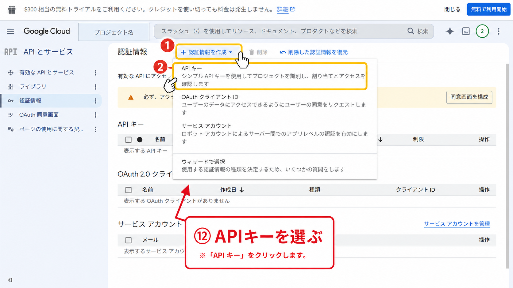 Google Cloudの認証情報を作成メニューからAPIキーを選択する画面
