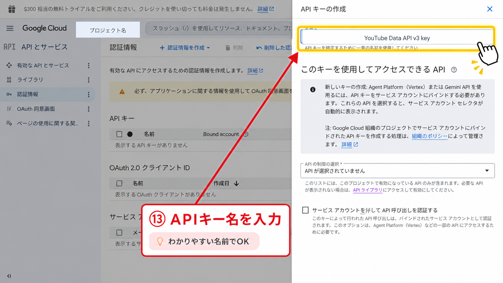 Google Cloudで作成するAPIキーの名前を入力する画面