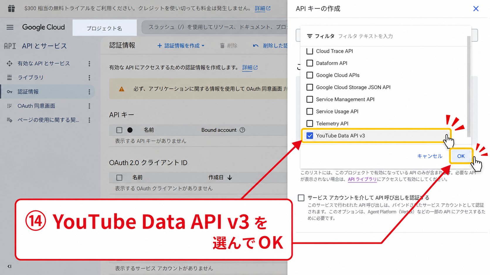 作成するAPIキーの利用先をYouTube Data API v3に制限する画面