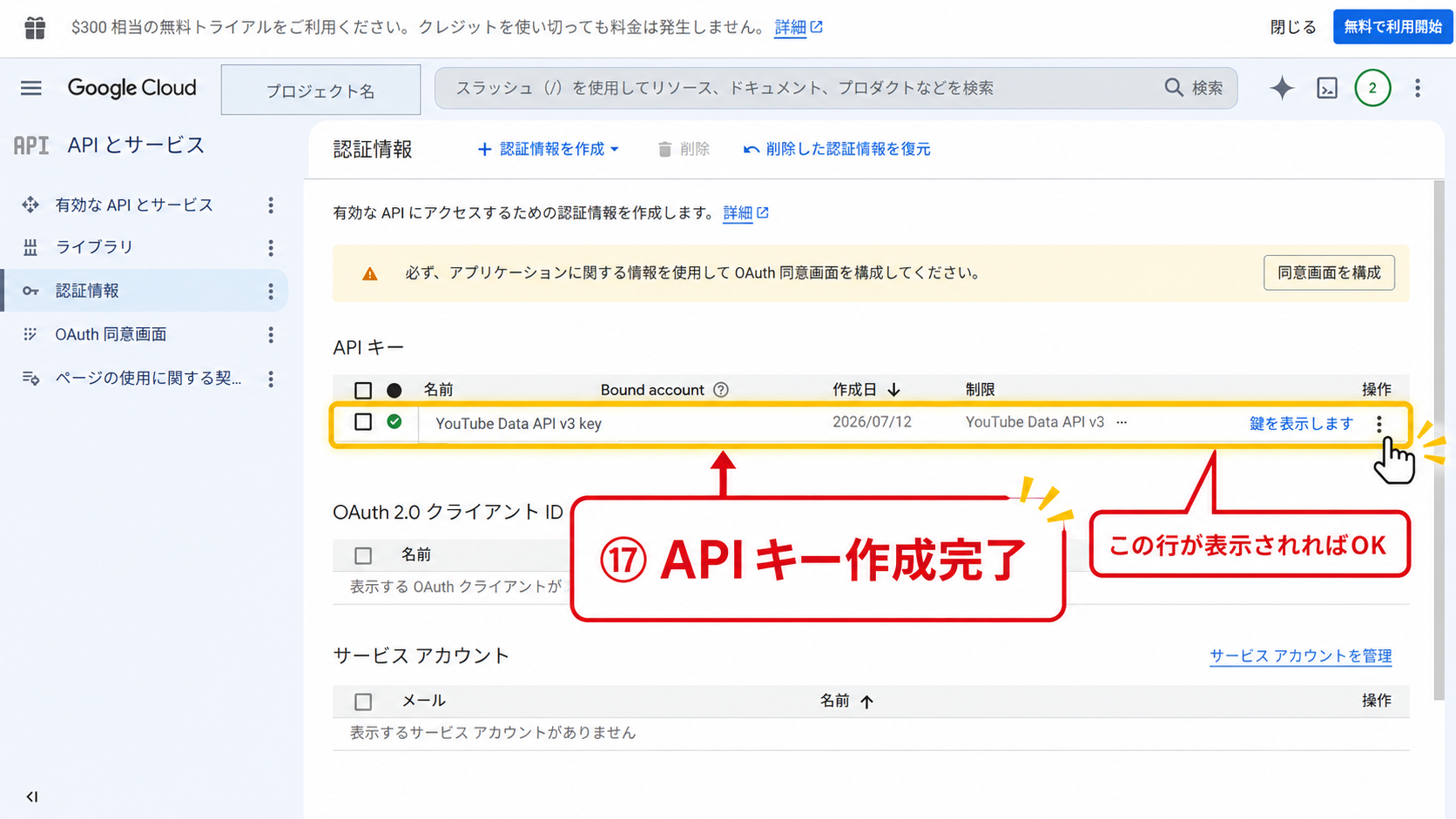 YouTube Data API v3に制限したAPIキーの作成完了画面