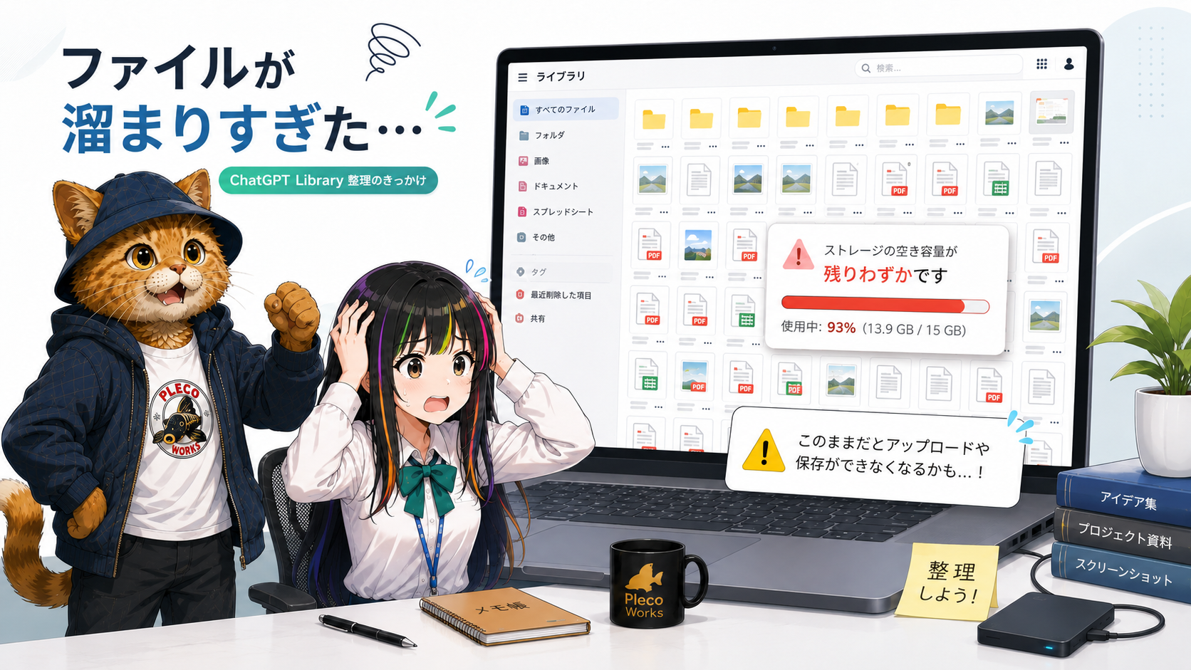 ChatGPT Libraryに大量のファイルが溜まり整理が必要になったイメージ
